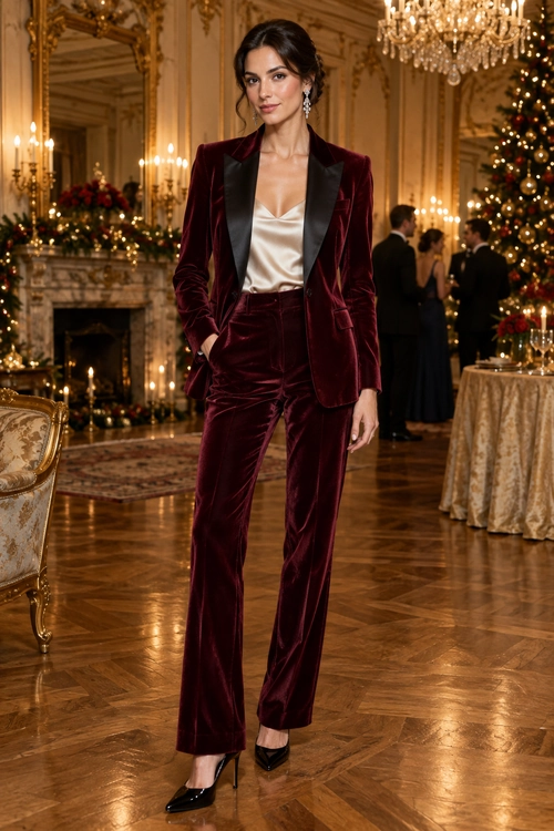 Burgundy Velvet Suit A burgundy velvet suit with black lapels is worn over an ivory camisole with black heels and drop earrings.