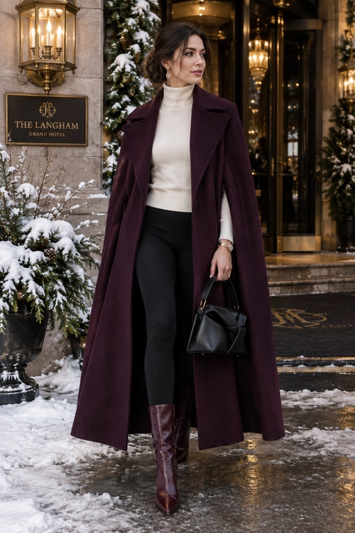 Woman wearing a long burgundy coat over a cream turtleneck sweater with black trousers, burgundy knee-high boots, and a black handbag.