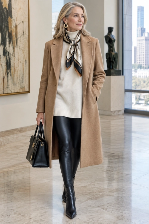 Camel Coat with Black Leather Trousers A woman wears a camel long coat over a cream sweater with a patterned neck scarf, black leather trousers, pointed black boots, and a structured handbag.