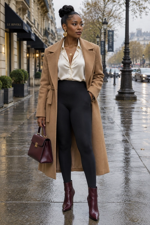 Camel Coat and Burgundy Boots Outfit A polished outfit featuring a camel long coat, white button-down shirt, black trousers, burgundy knee-high boots, a patterned neck scarf, sunglasses, and a brown tote bag.