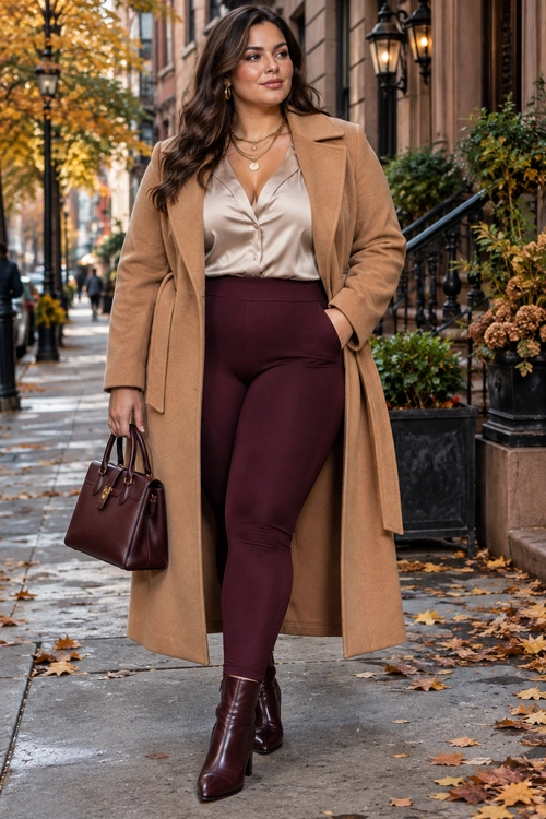 Camel Coat and Burgundy Trousers A woman wears a camel long coat over a champagne satin blouse and burgundy trousers with matching ankle boots and a structured handbag.