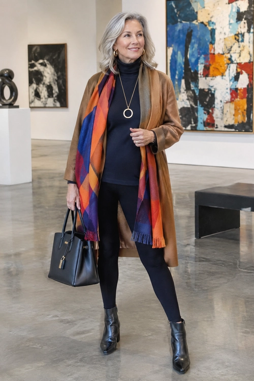 Colorful Scarf with Camel Coat Woman wearing a camel coat over a navy turtleneck and dark slim pants, styled with a colorful geometric scarf, black ankle boots, and a black handbag.