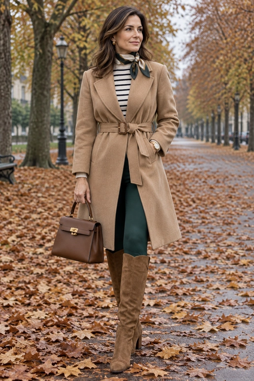 Woman wearing a belted camel coat over a striped turtleneck with dark green trousers, brown knee-high boots, a matching handbag, and a neck scarf.