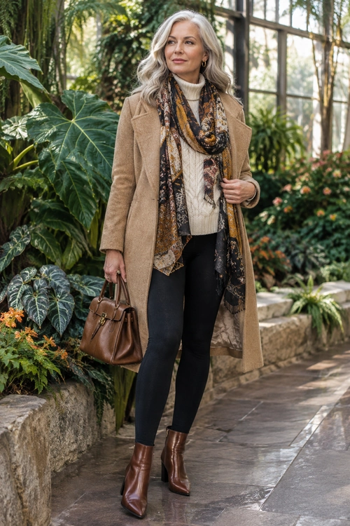 Camel Coat and Patterned Scarf Outfit A woman wears a camel coat over a cream turtleneck sweater with a patterned scarf, black slim trousers, brown ankle boots, and a brown leather handbag.