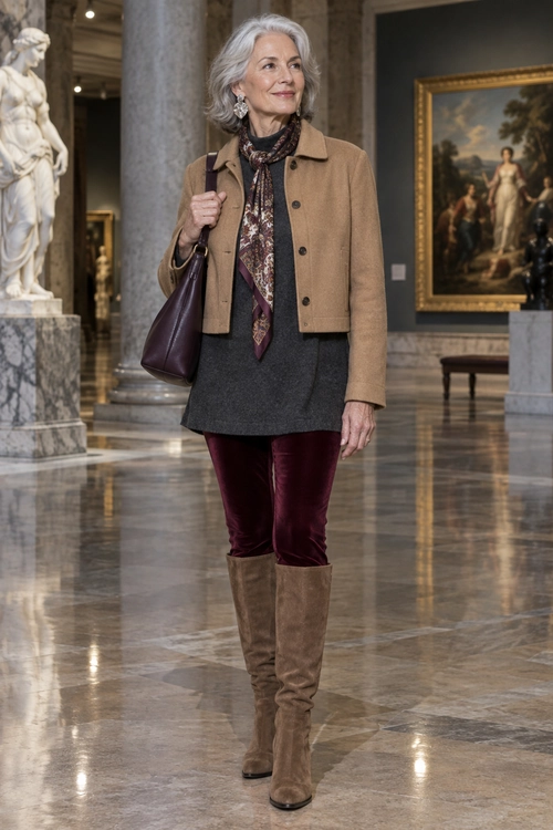 A woman wears a camel cropped jacket over a charcoal top with burgundy trousers, a patterned scarf, taupe knee-high boots, and a dark shoulder bag.