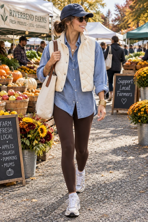 A casual outfit featuring a cream quilted vest over a blue button-down shirt, brown leggings, white sneakers, a navy baseball cap, sunglasses, and a canvas tote bag.