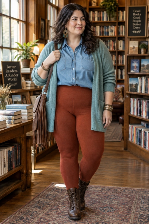 Chambray Shirt with Rust Pants and Teal Cardigan A woman wears a blue chambray button-up shirt, teal cardigan, rust-colored pants, brown lace-up boots, and a fringed shoulder bag.