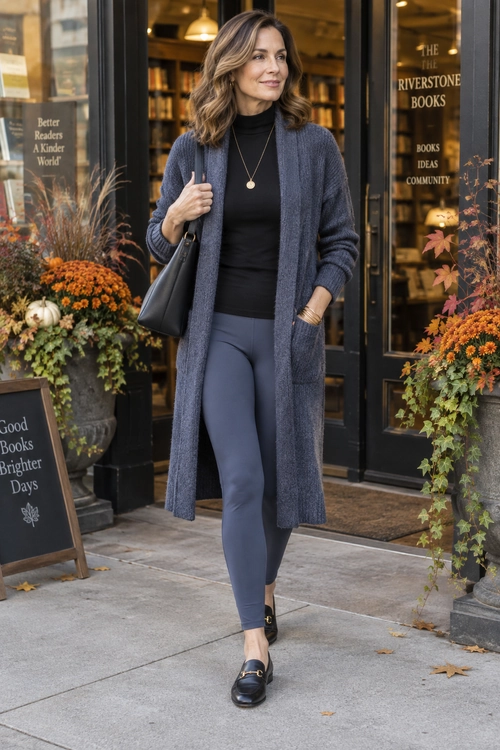A woman wears a long charcoal cardigan over a black turtleneck with slate leggings, black loafers, a pendant necklace, and a black shoulder bag.