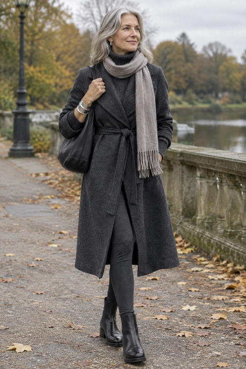 Charcoal Coat and Gray Scarf Look A woman wears a belted charcoal coat, gray scarf, dark trousers, black ankle boots, and a black shoulder bag.