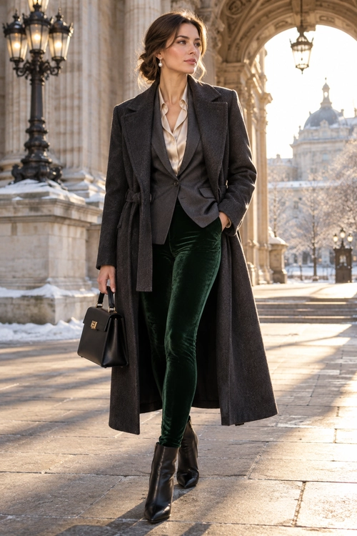 Woman wearing a long charcoal coat, tailored blazer, cream blouse, green velvet trousers, black ankle boots, and carrying a structured black handbag.