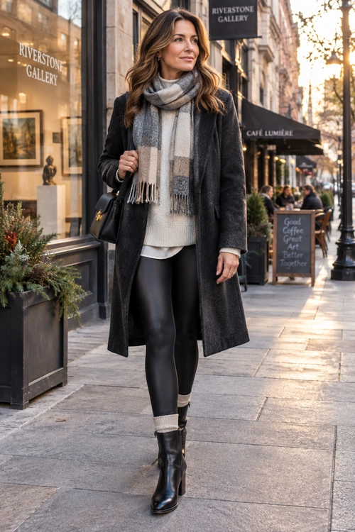 Woman wearing a long charcoal coat, plaid fringed scarf, cream sweater, black leggings, ankle boots, and a black shoulder bag on a city sidewalk.
