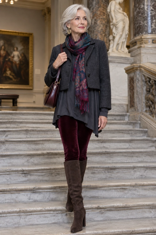A woman wears a charcoal jacket over a dark tunic with burgundy velvet pants, a patterned scarf, brown tall boots, and a burgundy shoulder bag.