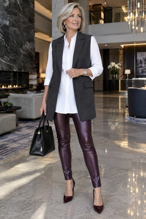 Charcoal Vest with Burgundy Leather-Look Pants A polished outfit featuring a white blouse, charcoal sleeveless tailored vest, burgundy leather-look pants, burgundy pointed-toe pumps, and a black tote bag.