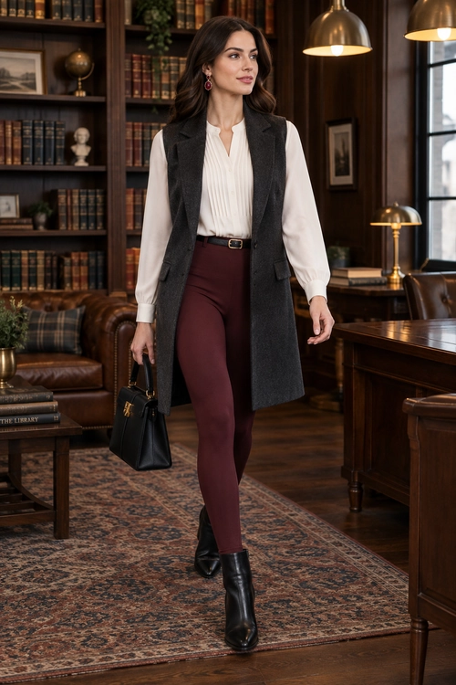Charcoal Vest and Burgundy Trousers A polished outfit featuring a charcoal long vest over an ivory pleated blouse, burgundy trousers, and black ankle boots.