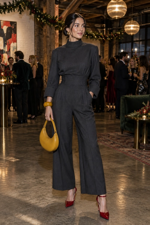 Charcoal Wide-Leg Jumpsuit A charcoal high-neck jumpsuit with wide-leg trousers is styled with a mustard-yellow handbag, gold earrings and bangle, and red heels.
