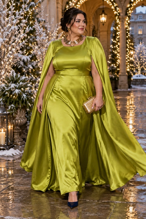 Chartreuse Satin Cape Gown A woman wears a flowing chartreuse satin gown with a matching cape, gold jewelry, a metallic clutch, and navy pointed heels.