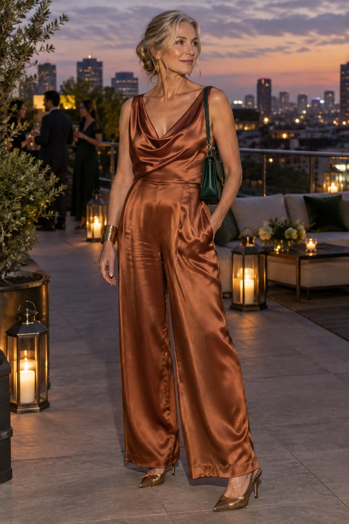 A copper satin cowl-neck jumpsuit with wide legs, a dark green shoulder bag, a gold cuff bracelet, and metallic gold heels.