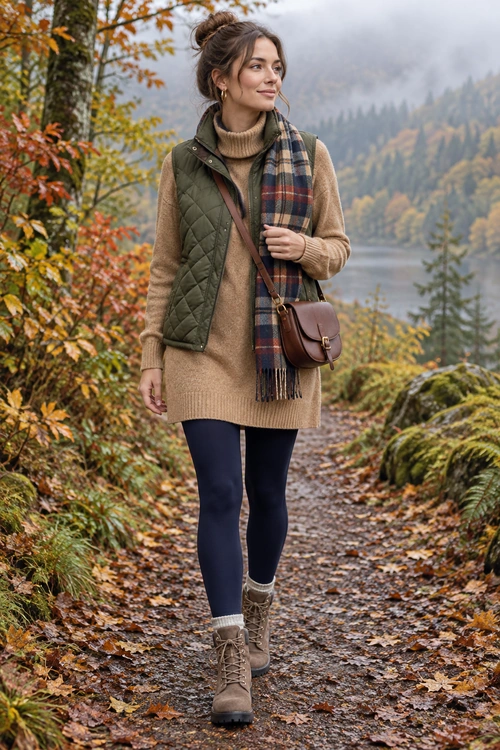 A woman wears a tan turtleneck sweater, olive quilted vest, plaid scarf, navy leggings, brown crossbody bag, and lace-up boots on a forest path.
