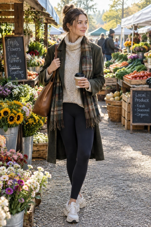 A woman wears a long olive coat, cream turtleneck sweater, plaid scarf, black leggings, and white sneakers while walking through a farmers market.