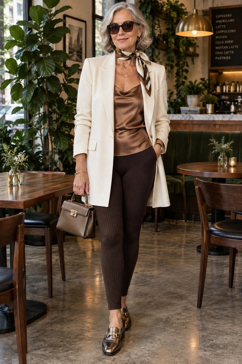 A woman wears a cream blazer over a brown satin top with dark brown ribbed trousers, loafers, a neck scarf, sunglasses, and a structured handbag.