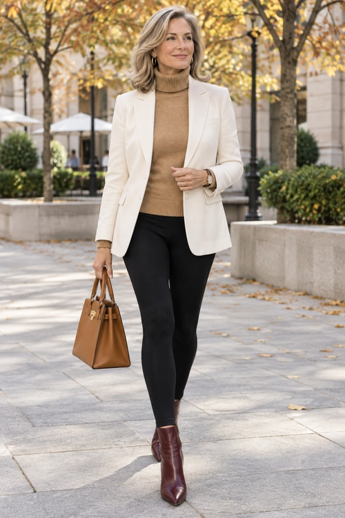Cream Blazer and Camel Turtleneck Outfit A polished outfit featuring a cream blazer over a camel turtleneck sweater with black slim trousers, burgundy ankle boots, and a tan tote bag.