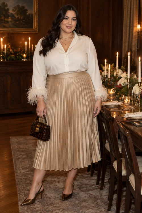Cream Blouse and Pleated Skirt A cream blouse with feather-trimmed cuffs is tucked into a beige pleated midi skirt, paired with pointed heels and a small dark clutch.
