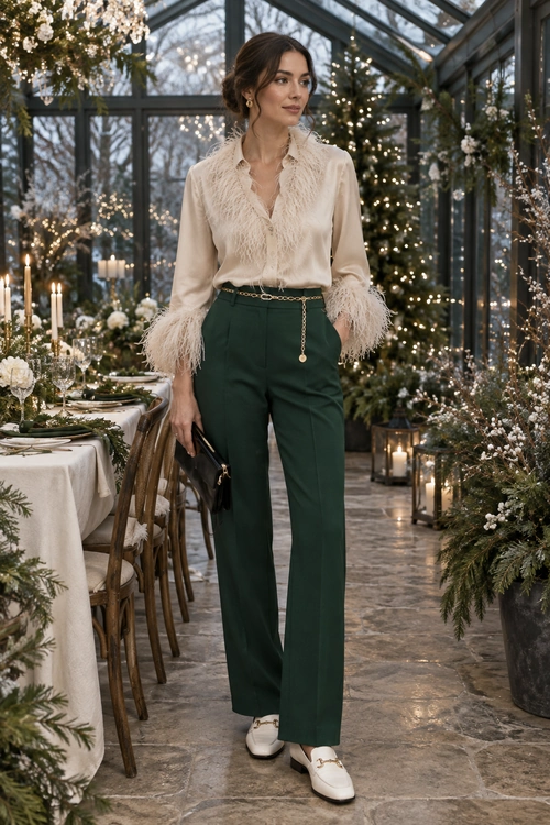 Cream Blouse and Green Trousers A cream lace-trimmed blouse with feathered cuffs is paired with dark green trousers, a gold chain belt, white loafers, gold earrings, and a black clutch.