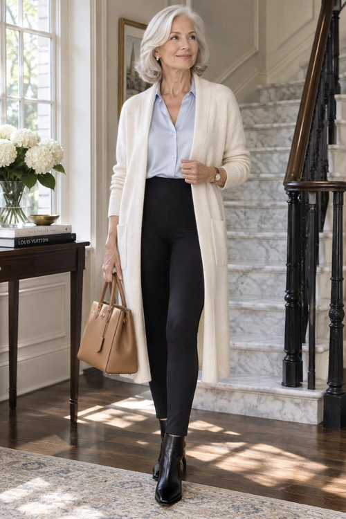 A woman wears a cream long cardigan over a light blue button-up shirt with black trousers, black ankle boots, and a tan handbag.