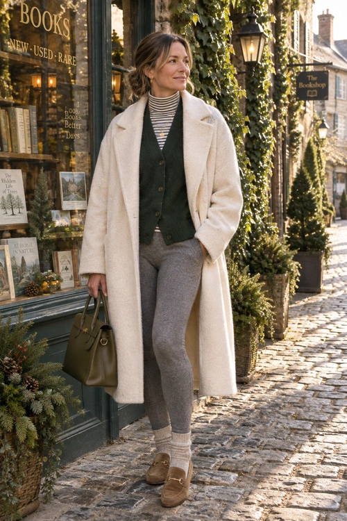 A person wears a long cream coat over a dark green cardigan and striped top with gray trousers, brown loafers, and an olive handbag.