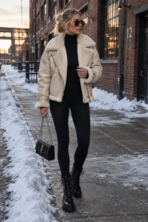 Person wearing a cream shearling jacket over a black turtleneck and black pants with combat boots, sunglasses, and a chain-strap handbag on a snowy sidewalk.