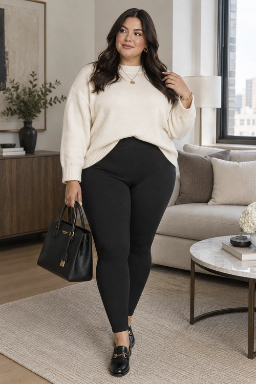 Cream Sweater and Black Leggings A woman wears a cream knit sweater with black fitted leggings, black loafers, and a structured black handbag.