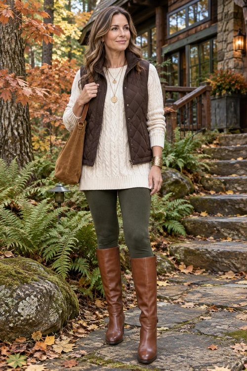 Woman wearing a cream cable-knit sweater, brown quilted vest, olive leggings, tall brown boots, and a brown shoulder bag outdoors in an autumn setting.