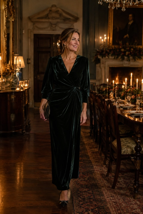 A woman wears a dark velvet wrap dress with three-quarter sleeves, a small clutch, earrings, and black pointed-toe shoes.