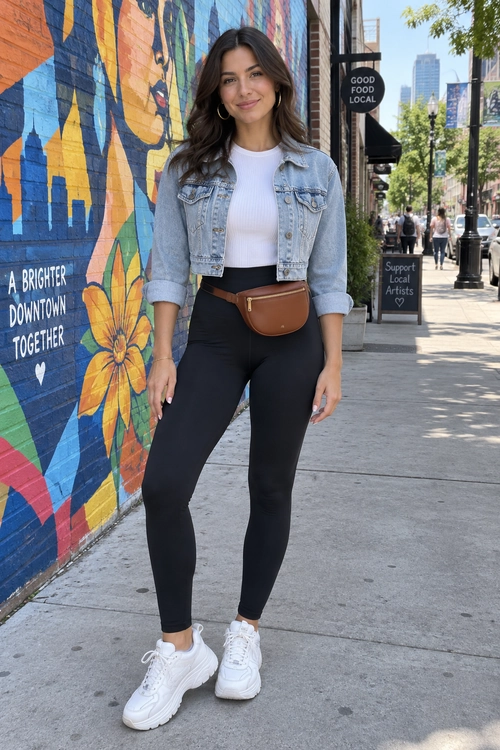 A casual outfit featuring a cropped light-wash denim jacket, white ribbed top, black leggings, brown waist bag, and white chunky sneakers.