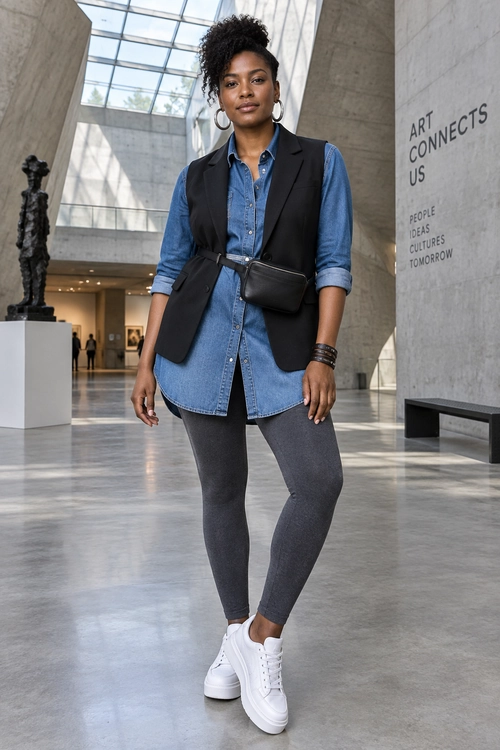 A person wears a blue denim shirt layered under a black sleeveless vest with gray leggings, white platform sneakers, and a black belt bag.