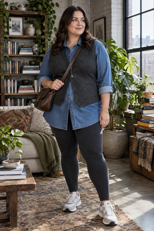 Denim Shirt and Charcoal Vest Outfit A woman wears a blue denim shirt layered under a charcoal vest with dark ribbed pants, white sneakers, and a brown crossbody bag.