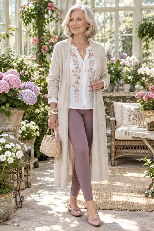 Woman wearing a long beige cardigan over a floral embroidered white blouse with mauve trousers, blush flats, and a woven handbag in a flower-filled garden.