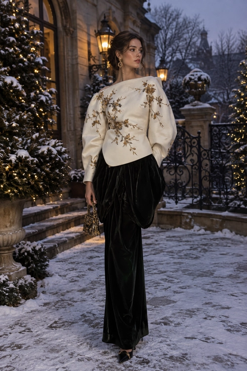 An ivory blouse with floral embroidery and puff sleeves is paired with black velvet trousers, pointed heels, gold earrings, and a small gold handbag.