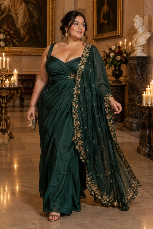 Emerald Embroidered Evening Gown A floor-length emerald green gown with gold embroidery on a draped shawl, styled with gold accessories and sandals.