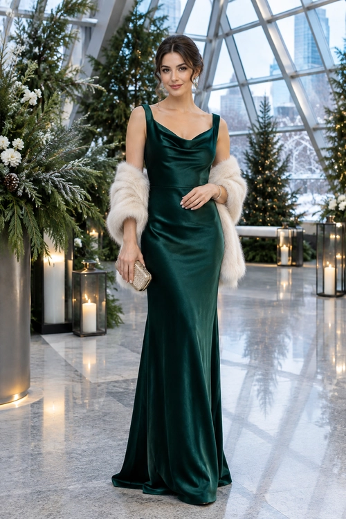 A floor-length emerald green gown with a draped neckline is paired with an ivory fur wrap, drop earrings, and a small embellished clutch.