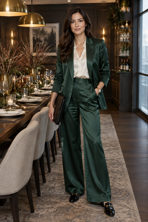 Emerald Green Tailored Suit A dark green blazer and wide-leg trousers are styled with a cream blouse, black shoes, and a black clutch.