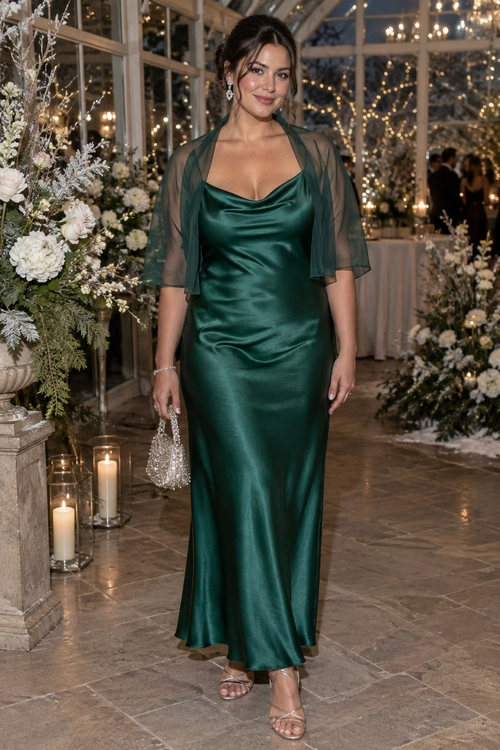 Emerald Satin Evening Dress A floor-length emerald satin dress with a sheer green wrap, silver accessories, and strappy heels.