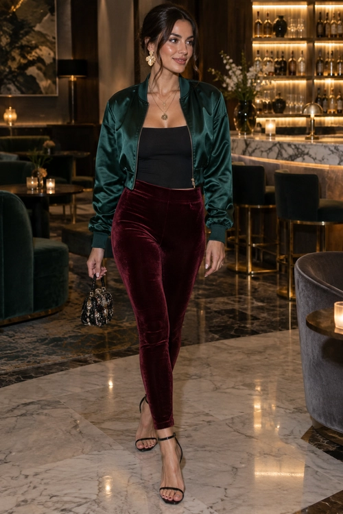 A woman wears a dark emerald satin bomber jacket over a black camisole with burgundy velvet trousers and black strappy heels.
