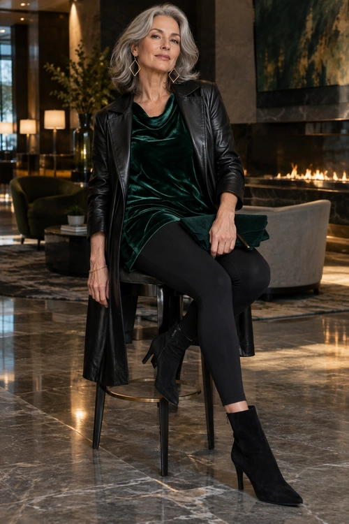 Emerald Velvet and Black Leather Outfit A woman wears an emerald green velvet draped top with a long black leather coat, black leggings, pointed ankle boots, and geometric gold earrings.
