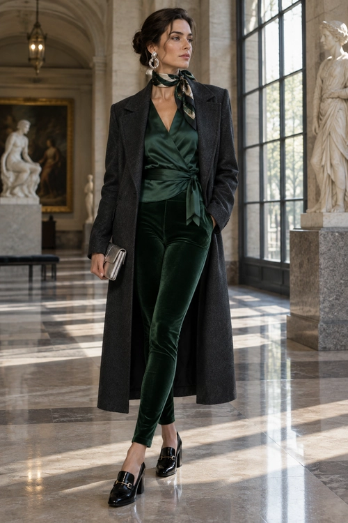 A woman wears an emerald green wrap top and fitted velvet trousers with a long charcoal coat, neck scarf, clutch, and black loafers.