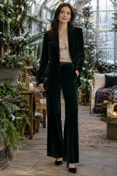 Emerald Velvet Suit A dark green velvet blazer and wide-leg trousers worn with a sparkling champagne top, black heels, a clutch, and gold hoop earrings.