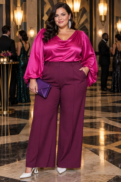 Fuchsia Blouse and Plum Trousers A woman wears a fuchsia satin blouse with voluminous sleeves, plum wide-leg trousers, white pointed-toe heels, dangling earrings, and a purple clutch.
