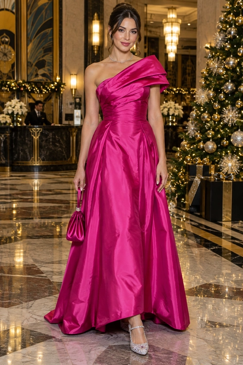 Fuchsia One-Shoulder Evening Gown A floor-length fuchsia satin gown with an asymmetrical one-shoulder neckline is styled with a matching clutch and embellished silver heels.