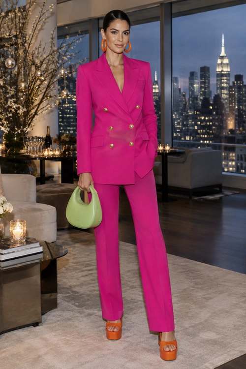 A fuchsia double-breasted suit is styled with orange hoop earrings and platform sandals, plus a lime-green handbag.