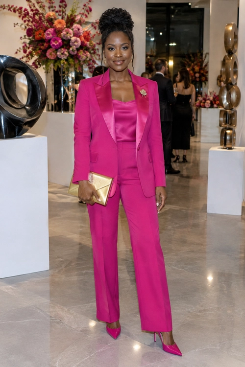 Fuchsia Tailored Suit A fuchsia pantsuit is worn with a matching satin top, pointed heels, a gold clutch, and a floral lapel pin.